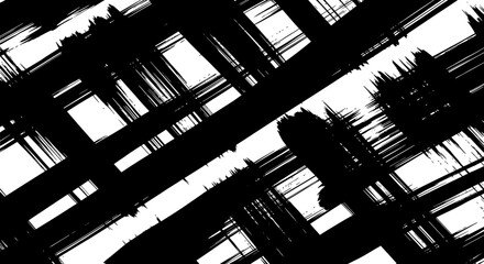 Abstract artwork featuring bold black brushstrokes intersecting against a bright white background, creating a dynamic visual texture.