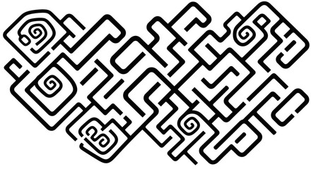 Intricate black and white abstract design featuring interconnected lines and spiral motifs, creating a complex, maze-like pattern.