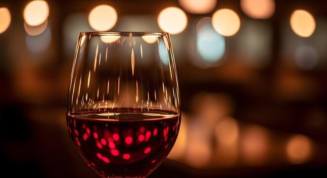A glass of red wine illuminated by warm bokeh lights, creating an elegant and cozy atmosphere