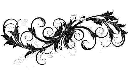 Elegant black ornate flourish with swirling leaves and delicate tendrils, creating a decorative border element.