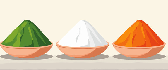 Three bowls filled with green, white, and orange powder representing the colors of the Indian flag, symbolizing patriotism and national pride on a light background.