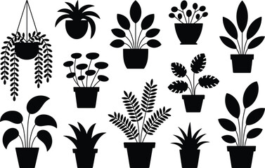 Indoor Houseplant Silhouette Vector Set, Potted Greenery, Tropical Foliage, and Home Decor Icons