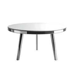 Round coffee table with white surface and shiny metal legs