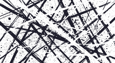 Abstract artwork featuring a chaotic arrangement of intersecting lines and splattered paint, creating a dynamic composition.