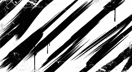 Abstract black paint brush strokes on a white grunge background with ink drips.