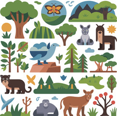 Flat Design Nature and Wildlife Vector Illustration Set, Forest Animals, Trees, and Landscape Elements
