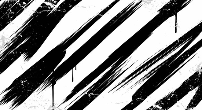 Abstract black paint brush strokes on a white grunge background with ink drips.