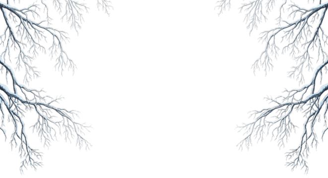Close up of snow covered pine tree branches forming a frame on a black background isolated on transparent background