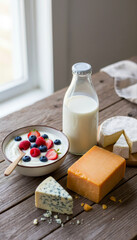 A delightful composition of dairy products and yogurt with berries, featuring milk, brie, cheddar, and blue cheese, arranged on a wooden table