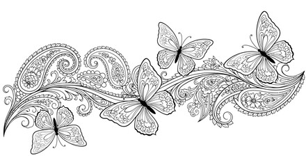 Intricate black and white line art illustration of delicate butterflies with detailed paisley patterns and elegant floral scrollwork, perfect for coloring.