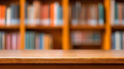 A warm wooden table in a library creates an inviting space for study and exploration, with colorful bookshelves softly blurred in the background, enhancing the atmosphere of knowledge
