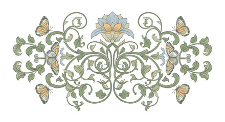 An elegant symmetrical floral and butterfly illustration with intricate scrolling vine details and a central lotus-like flower.