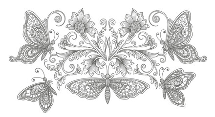 Intricate black and white illustration of decorative butterflies and moths with elegant floral scrollwork.