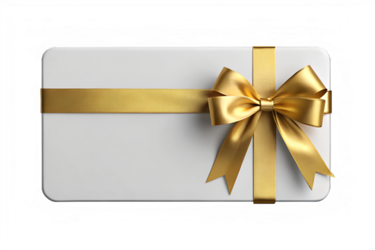 Blank gift card or invitation envelope with a golden satin ribbon bow. Isolated on transparent background, png