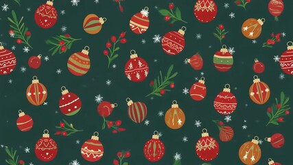 A festive, looping motion graphic features a seamless pattern of red and gold Christmas ornaments, holly, and falling snowflakes on a dark green background, perfect for holiday visuals. - Powered by Adobe