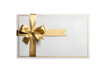 Blank gift card or invitation envelope with a golden satin ribbon bow. Isolated on transparent background, png
