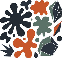 Modern Abstract Composition Vector, Organic Liquid Shapes and Geometric Faceted Crystals