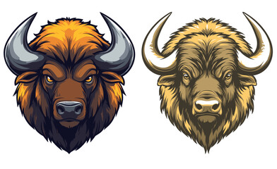 Fototapeta premium Two stylized bison head illustrations in contrasting color palettes