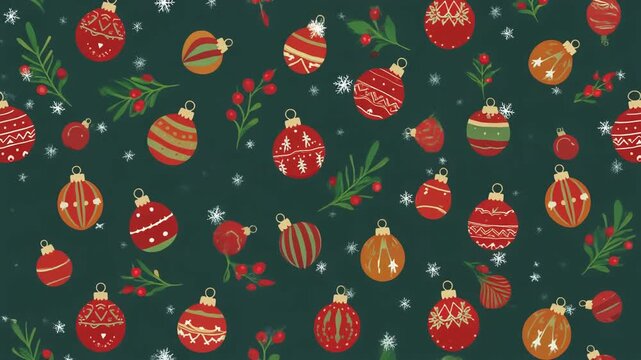 A festive, looping motion graphic features a seamless pattern of red and gold Christmas ornaments, holly, and falling snowflakes on a dark green background, perfect for holiday visuals.