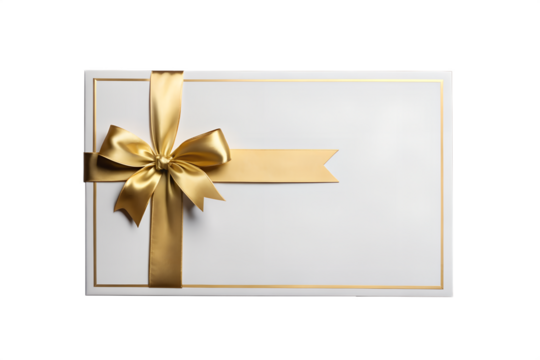Blank gift card or invitation envelope with a golden satin ribbon bow. Isolated on transparent background, png
- Powered by Adobe
