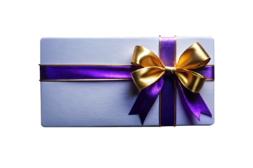 Blank gift card or invitation envelope with a golden purple  satin ribbon bow. Isolated on transparent background, png
