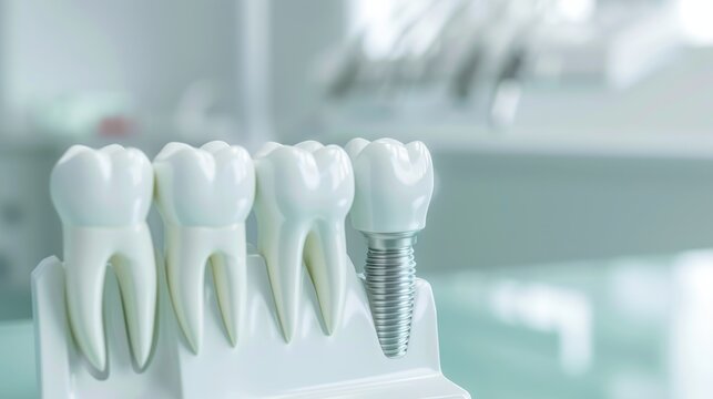Dental implants displayed on a stand in a modern dental clinic. The scene includes several artificial teeth and a dental screw.
