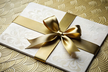 Blank gift card or invitation envelope with a golden satin ribbon bow. Isolated on transparent background, png
