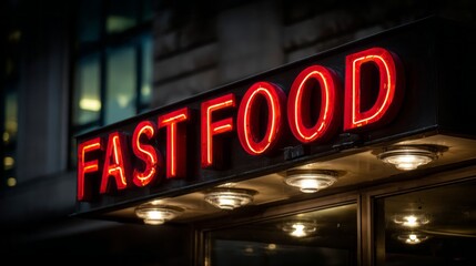 A vibrant neon sign glows in the night, announcing fast food with bold letters. The lively city backdrop adds to the inviting atmosphere for late-night diners seeking quick meals