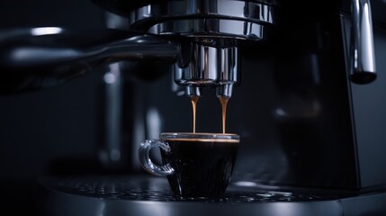 high tech smart coffee machine brewing espresso, macro shot of liquid pouring into cup, soft studio lighting, minimalistic kitchen background