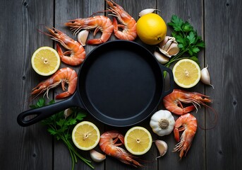 Fresh shrimp and lemon ingredients arranged around a cast iron skillet on a rustic wooden table, seafood preparation, coastal cuisine, fresh ingredients, rustic cooking, gourmet meal,