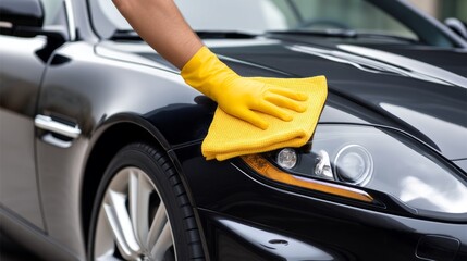 A skilled car detailer is polishing the exterior of a shiny black car using a bright yellow cloth
