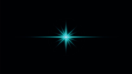 A bright cyan starburst lens flare effect with sharp rays emanating outwards on a, symbolizing energy and light