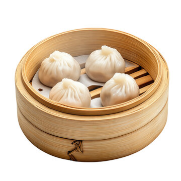 A bamboo steamer with four small white dumplings inside, front view, high resolution, high-quality photo, white background, transparent, alpha background png