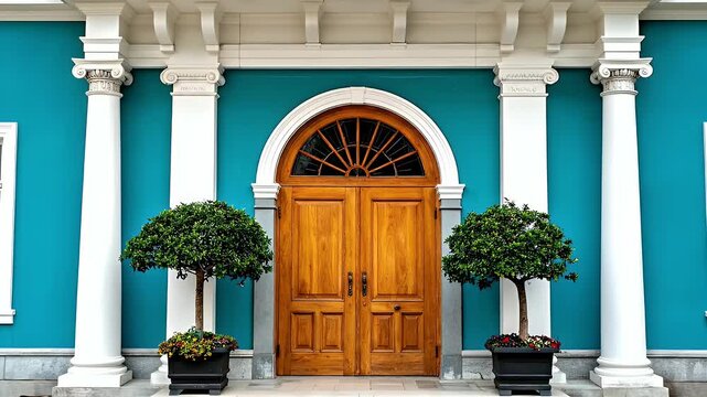 Grand Wooden Double Doors Set Between Tall White Columns Against A Bright Teal Wall With Arched Transom Window