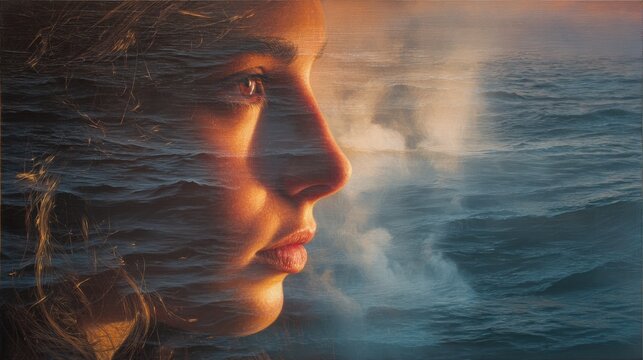 hyper realistic female portrait with ocean waves below, sunset lighting, sea mist connecting the and the water, emotional dreamlike realism