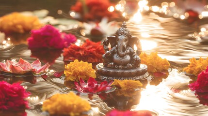 Festive serenity a baby Ganesha statue floats amidst marigolds celebrating Indian devotion and joyful traditions