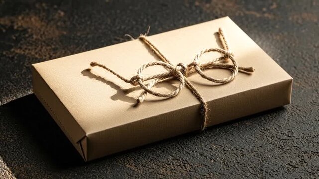 Gift Box Wrapped In Golden Paper With Twine Tied In A Bow On A Dark Textured Surface