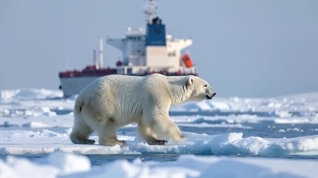 A lone polar bear walks across melting Arctic ice, a powerful symbol of climate change and the struggle for wildlife survival amidst the encroaching presence of human shipping vessels