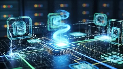 Abstract Digital Processor Circuit Board With Glowing Blue Energy Streams In A Dark Server Room Environment - Powered by Adobe