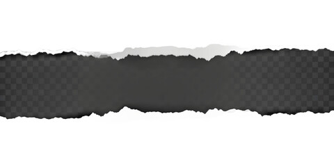 Torn black paper with a ripped horizontal gap revealing the center. Isolated on transparent background, png
