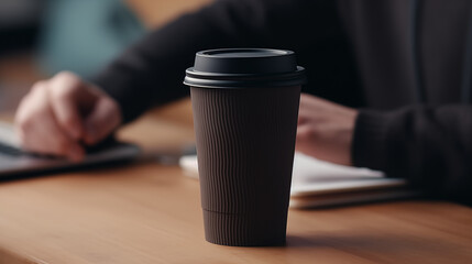 Dark brown ribbed takeaway coffee cup with a black lid on a wooden table. Blurred background shows a person's hands working or studying. Focus on caffeine and remote work