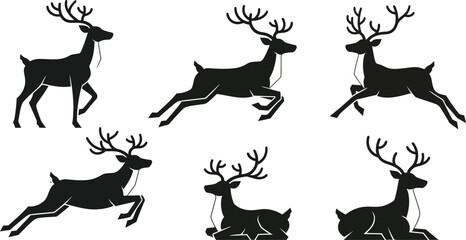 Set of 6 black stag or reindeer silhouettes. Isolated wild animal graphics for Christmas.