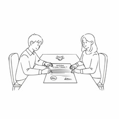 Two people signing a contract at a table, business agreement concept.