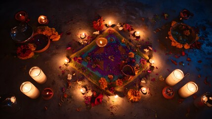Festive Diwali rangoli glows warmly surrounded by candles diyas lanterns a vibrant celebration of light