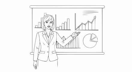 Businesswoman presenting financial data on a whiteboard with charts and graphs.