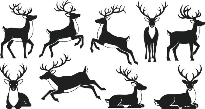 Collection of black stag silhouettes with antlers. Wildlife animal vector illustration set isolated on white.