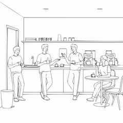 Group of people socializing and drinking coffee in a modern office kitchen.