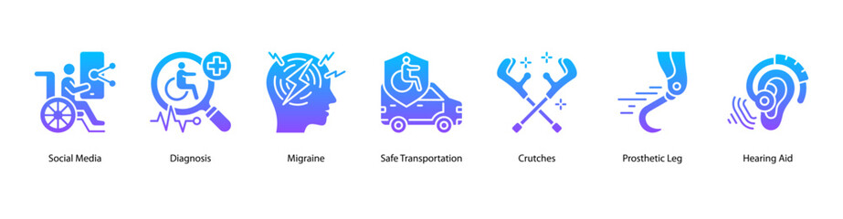 Health Accessibility web banner illustration featuring Social Media, Diagnosis, Migraine, Safe Transportation, Crutches, Prosthetic Leg, and Hearing Aid. Promotes mobility and medical innovation.