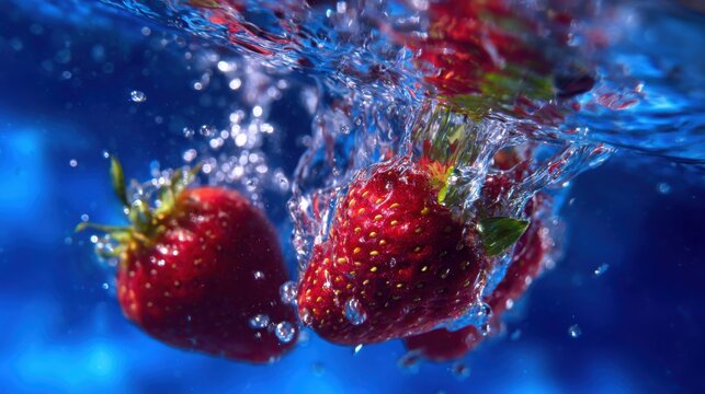 juicy strawberries colliding with bright blue water, dramatic splash moment, macro detail, dynamic composition, frozen motion, glowing reflections