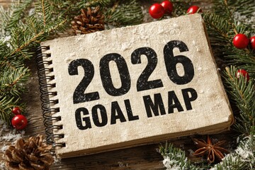 Goal Setting 2026, flat lay of rustic kraft notebook labeled 2026 goal map surrounded by pine cones and red berries, expressing seasonal clarity, motivational mapping and cozy planning inspiration